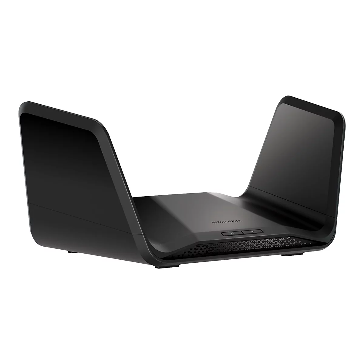 Schwarzer Router, Design mit zwei vertikalen FlÃ¼geln, flache Oberseite mit KnÃ¶pfen und LÃ¼ftungsschlitzen.
