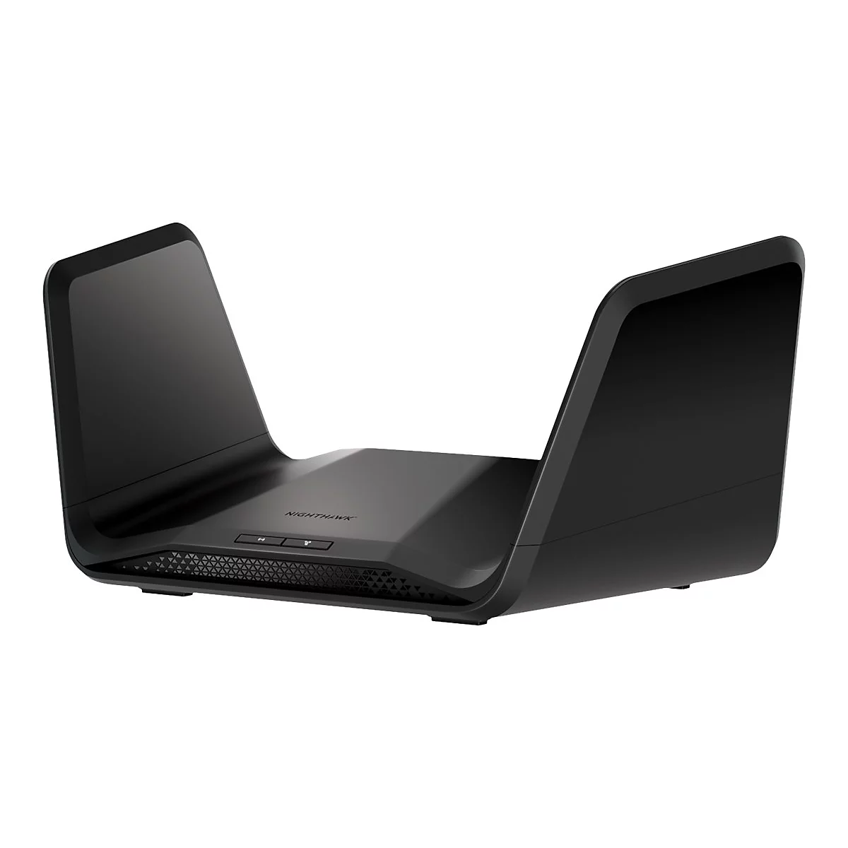 Schwarzer Router mit zwei aufgestellten FlÃ¼geln vor weiÃŸem Hintergrund. Oben steht NETGEAR.