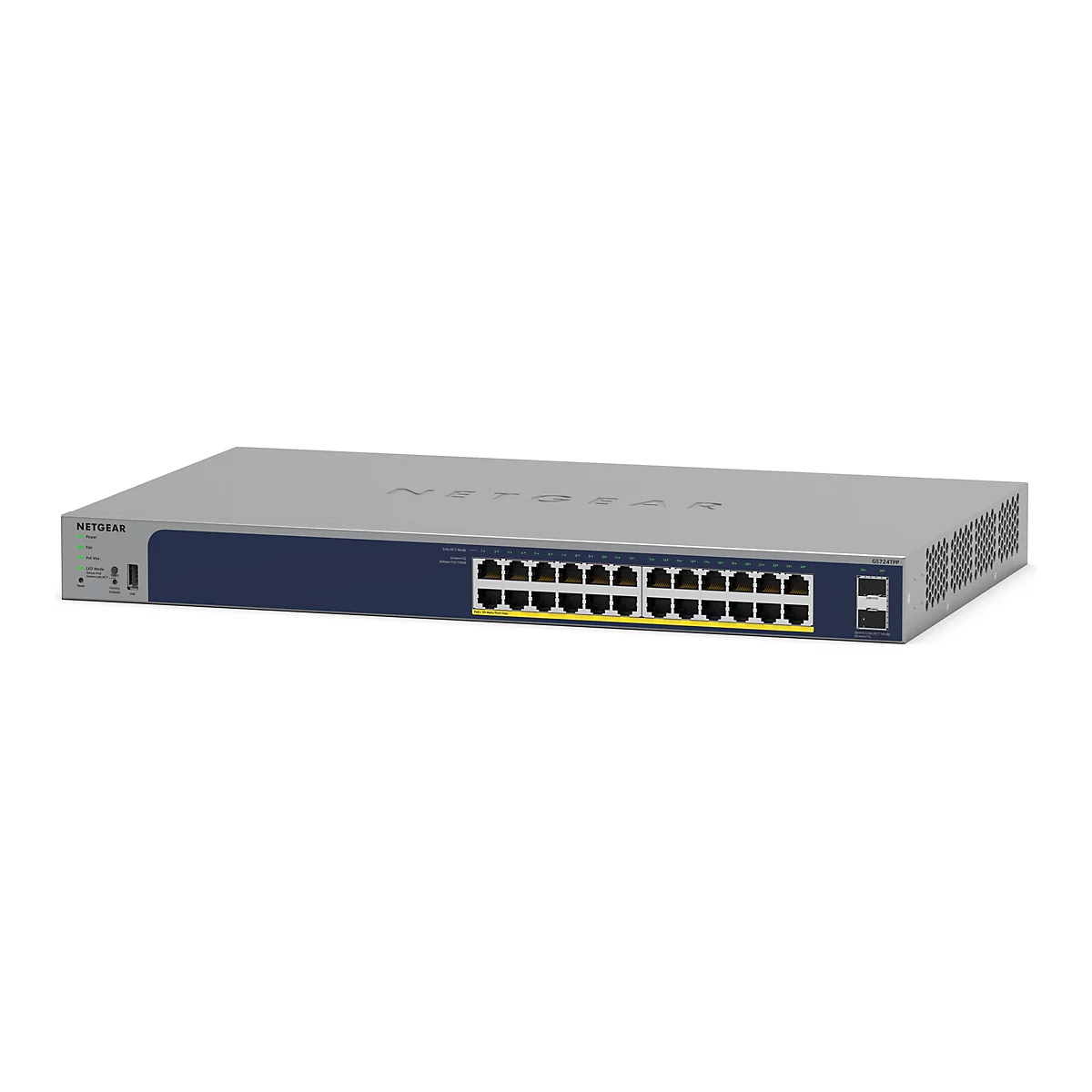 Ein grauer Netzwerkswitch von Netgear, mit blauer Front, Anschlüssen und Anzeigen.