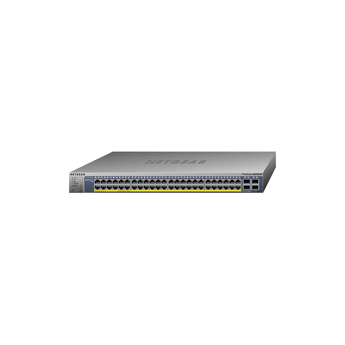 Ein grauer Netzwerkswitch von Netgear, Modell ProSafe GS752TP, mit zahlreichen Anschlüssen und einer gelben Leiste.