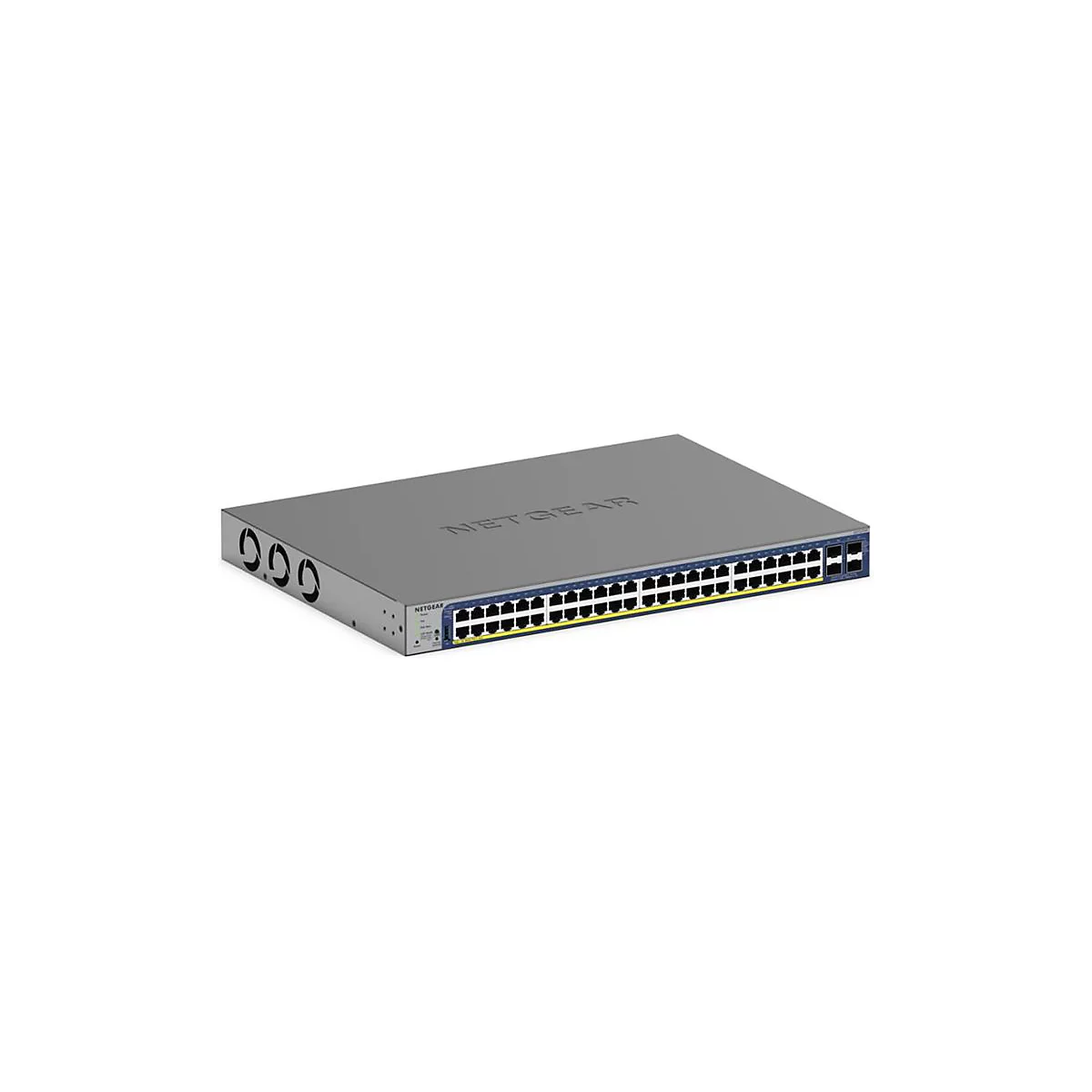 Ein grauer Netzwerk-Switch mit Ports und dem Netgear-Logo. Er ist auf weißem Hintergrund abgebildet.