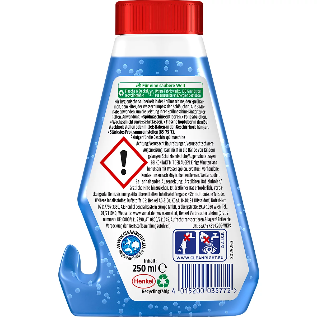 Dos d'une bouteille de nettoyage bleue avec un couvercle rouge. Des inscriptions et des avertissements, un symbole de recyclage et les mots "250 ml e" sont visibles.
