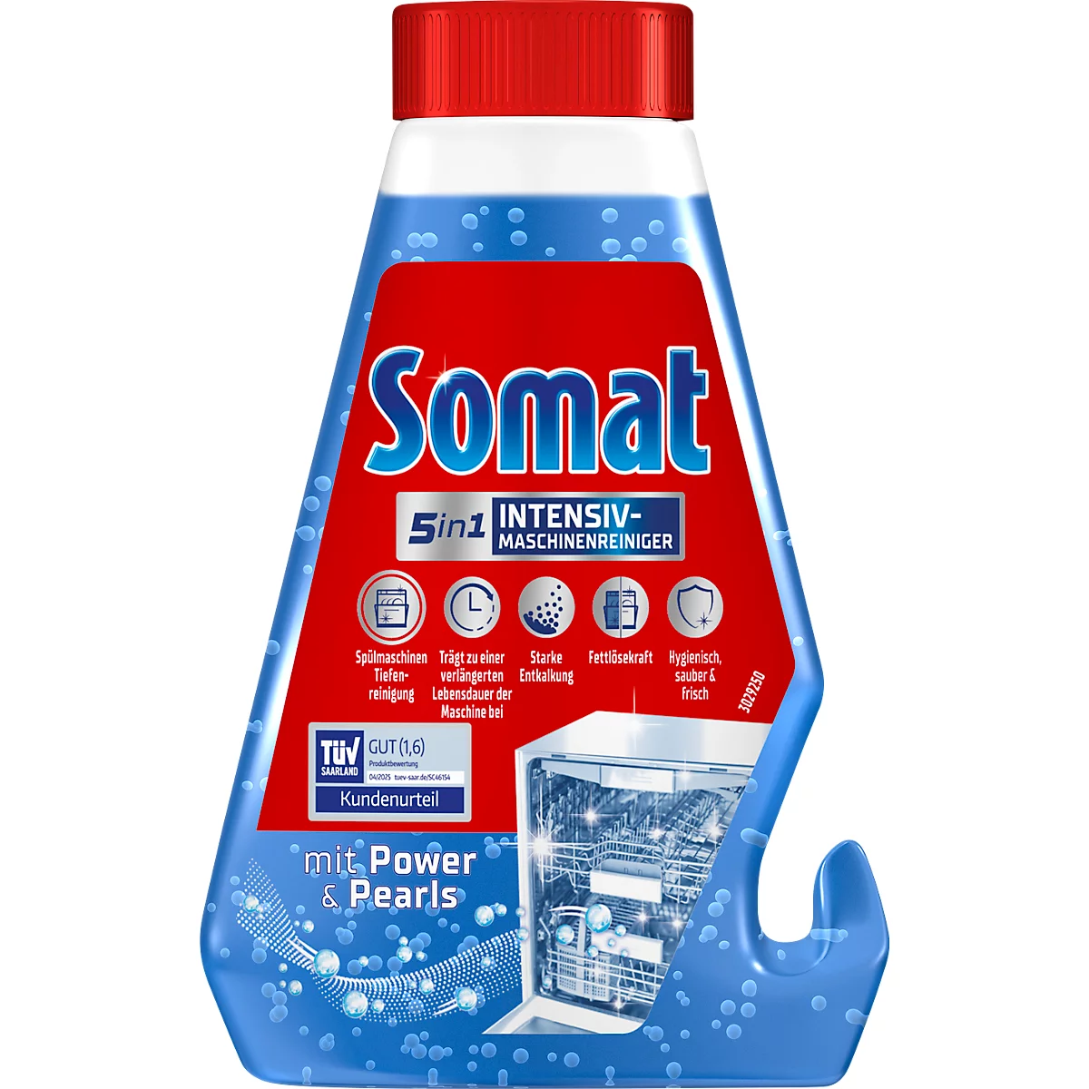 Bouteille de nettoyant pour lave-vaisselle Somat. Bouchon rouge, fond bleu. Imprimé : Somat 5en1 Nettoyant intensif pour machine.