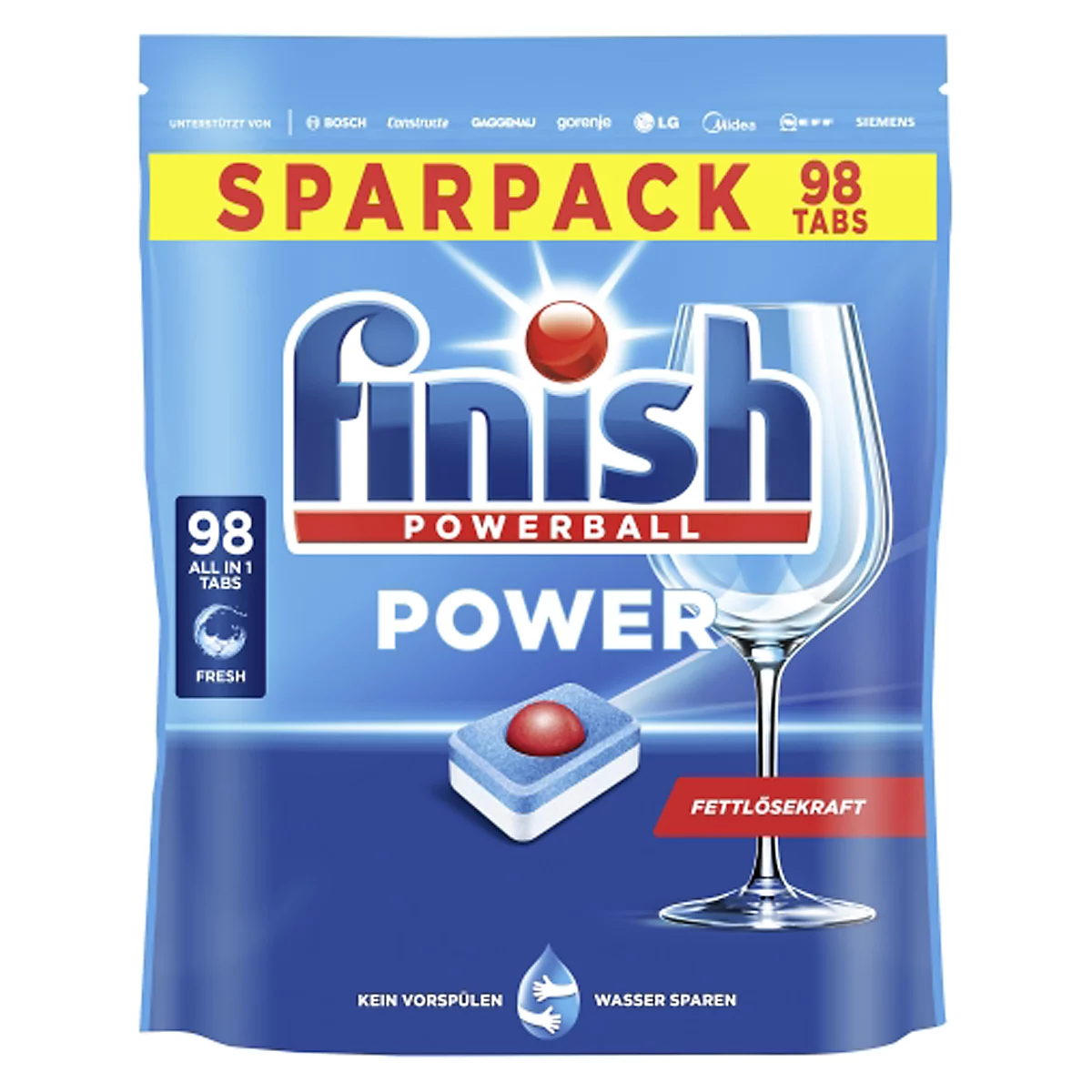 Un emballage bleu de Finish Powerball, avec un motif de verre, un comprimé de détergent et des lettres.