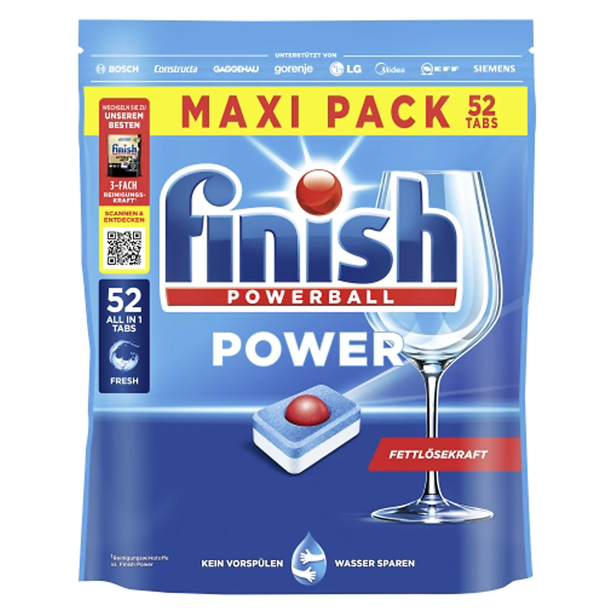 Un paquet de tablettes pour lave-vaisselle Finish Powerball, bleu et blanc avec un accent rouge. Inscription : Maxi Pack 52 Tabs.