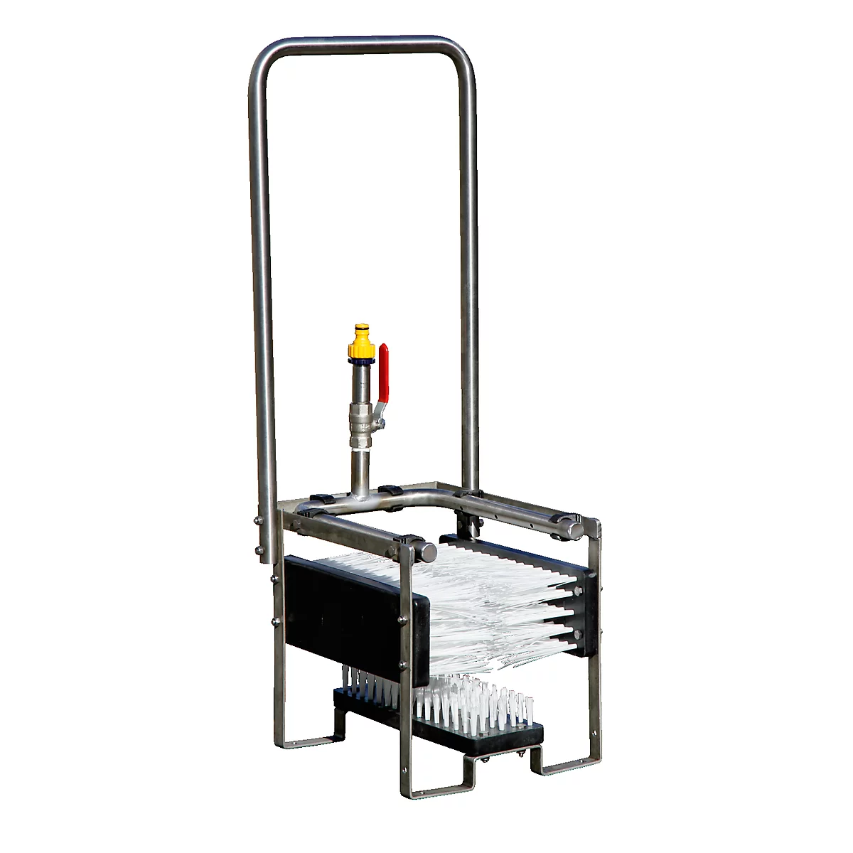 Nettoyeur de bottes ECO CEMO, L 33 x H x 82 x P 33 mm, avec trois brosses fixes et support de fixation, raccord d'eau Gardena