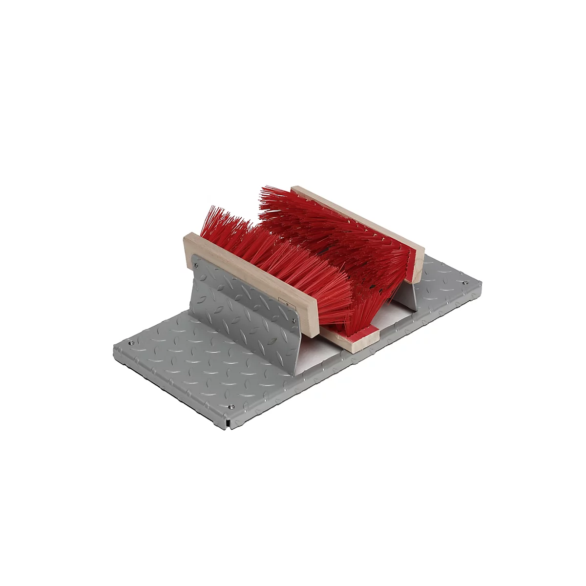 Support de brosse avec des poils rouges et un cadre en métal gris. Les poils sont disposés en deux rangées.