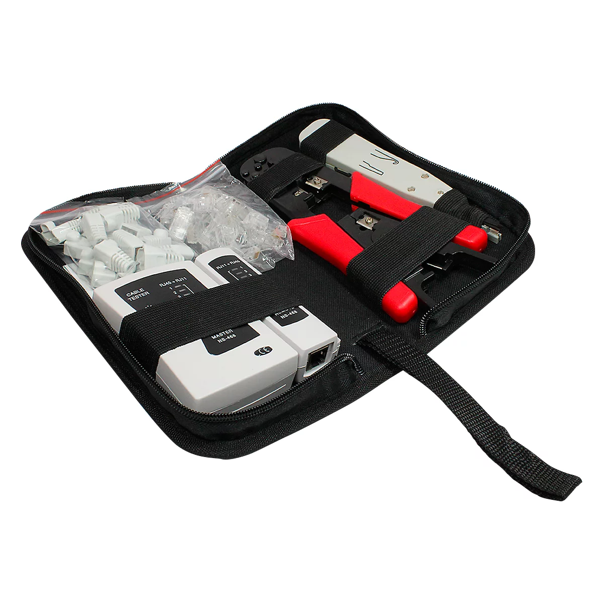 Black tool bag with network tools: crimping tool, cable tester, and RJ45 connectors.