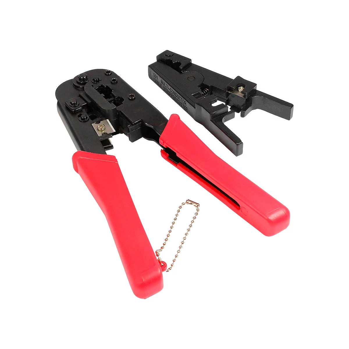 A crimping tool with red handles and a single wire stripper on a white background.