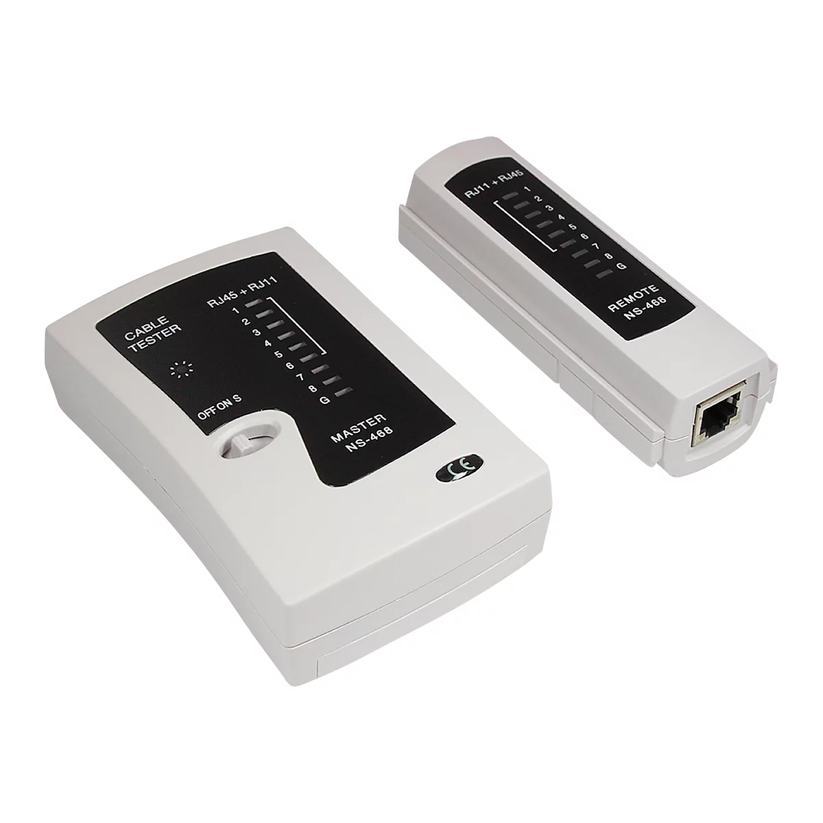 Two white cable testers with black displays. One is labeled "CABLE TESTER", the other "REMOTE".