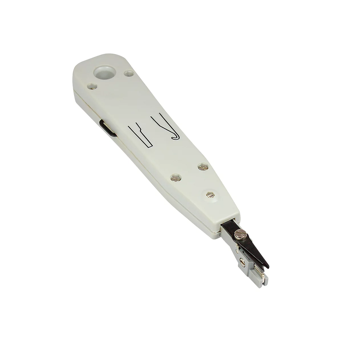 White tool with blades, symbols and an opening for cables. It is a cutting and punchdown tool for telecommunications cables.