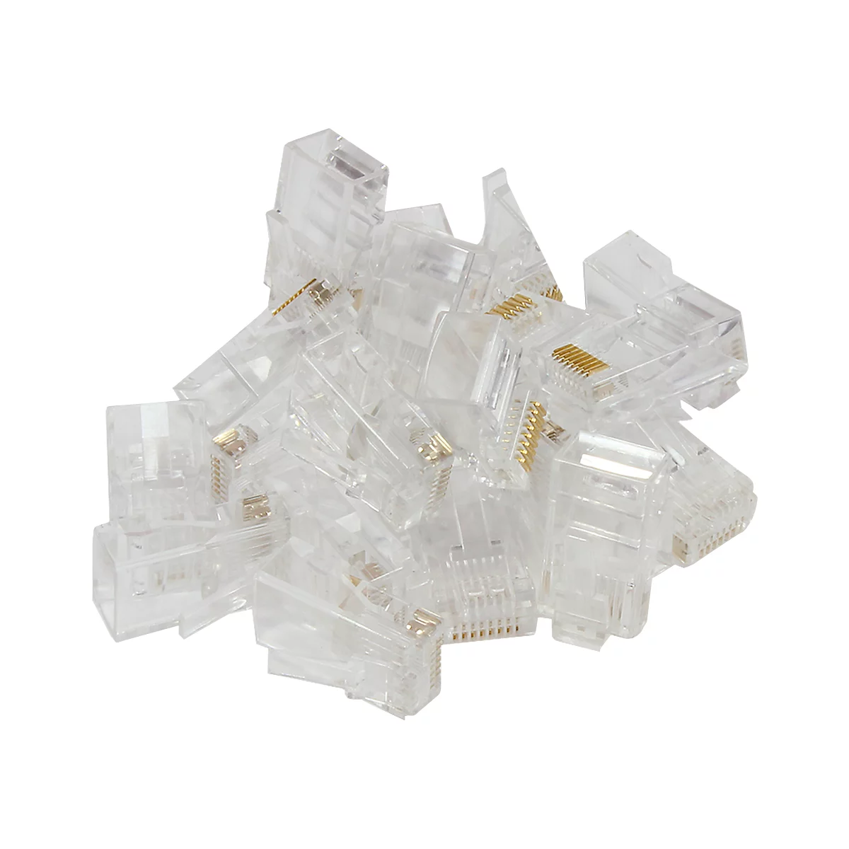 A pile of transparent, rectangular RJ45 connectors with gold contacts.