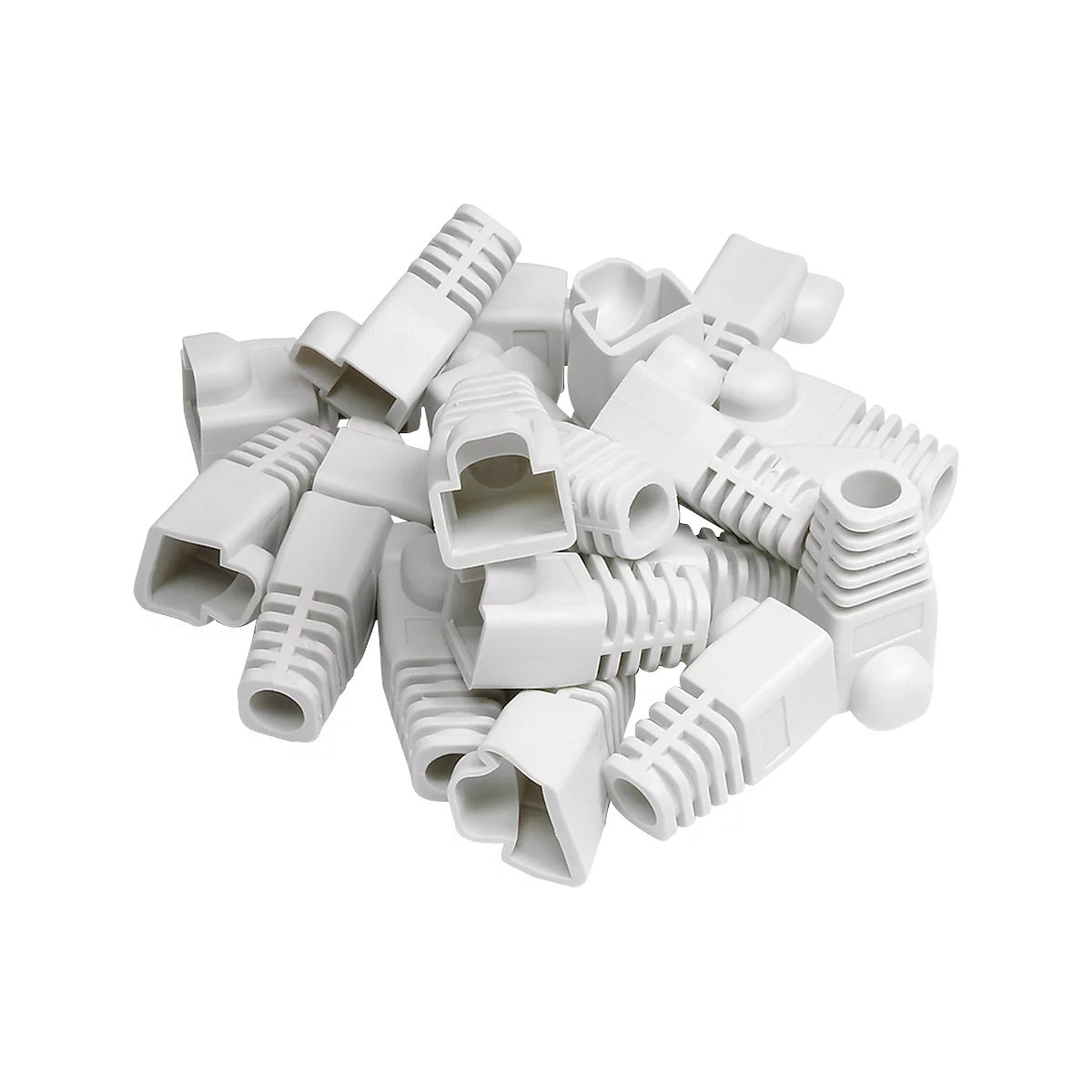 Pile of white, plastic cable connectors. Various shapes and sizes.