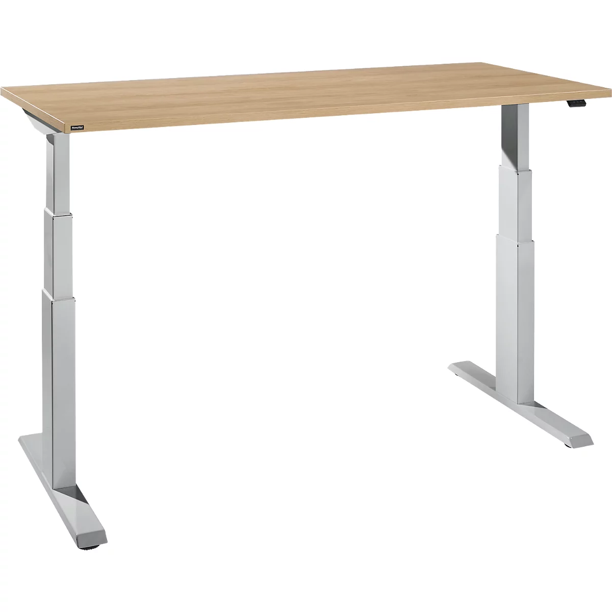 Light brown, rectangular desk, height adjustable, with silver legs.