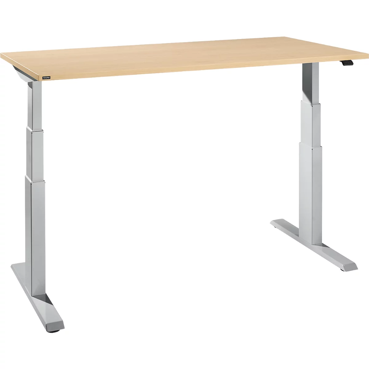 A height-adjustable desk with a beige tabletop and silver legs, against a white background.