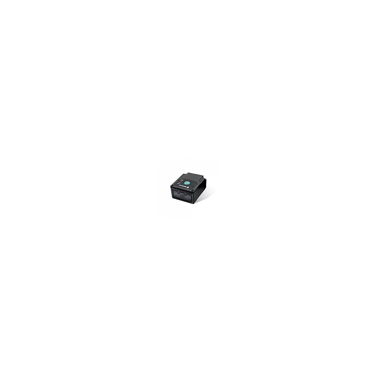 Scanner de codes-barres noir avec bouton vert et logo de l'entreprise sur fond blanc.