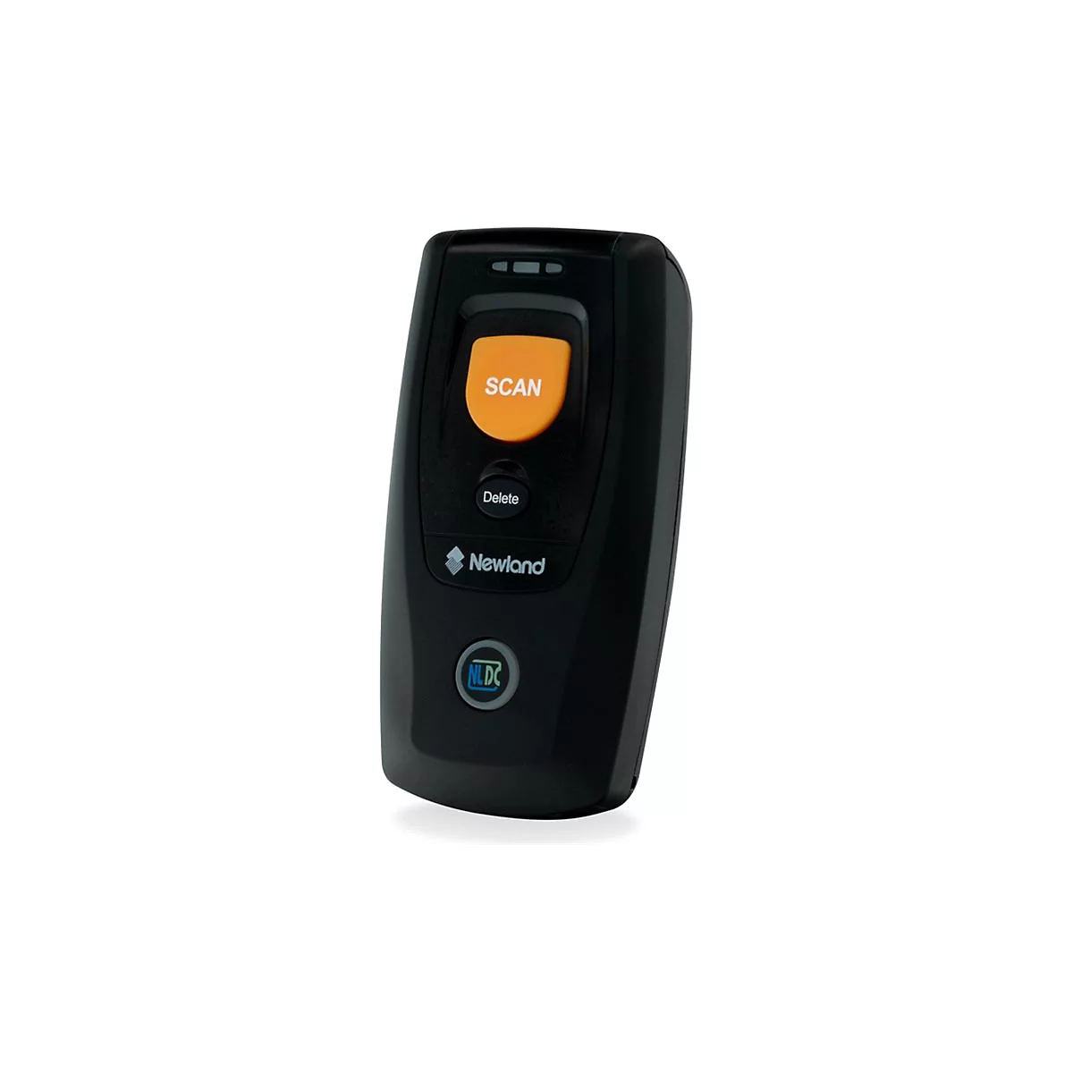 Schwarzer Handscanner mit orangefarbener Scan-Taste, darunter die Aufschrift 'Delete' und das Logo von 'Newland'.