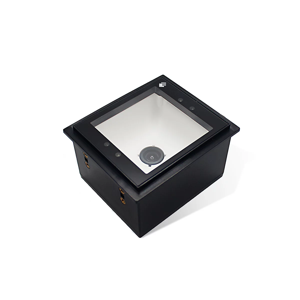 Scanner de codes-barres noir, carré, avec dessus en verre et lumière interne. Des capteurs et un objet circulaire sont situés en haut.
