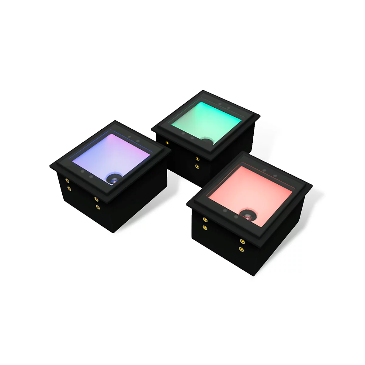 Scanner de codes-barres noir avec ouverture carrée et câble attaché.