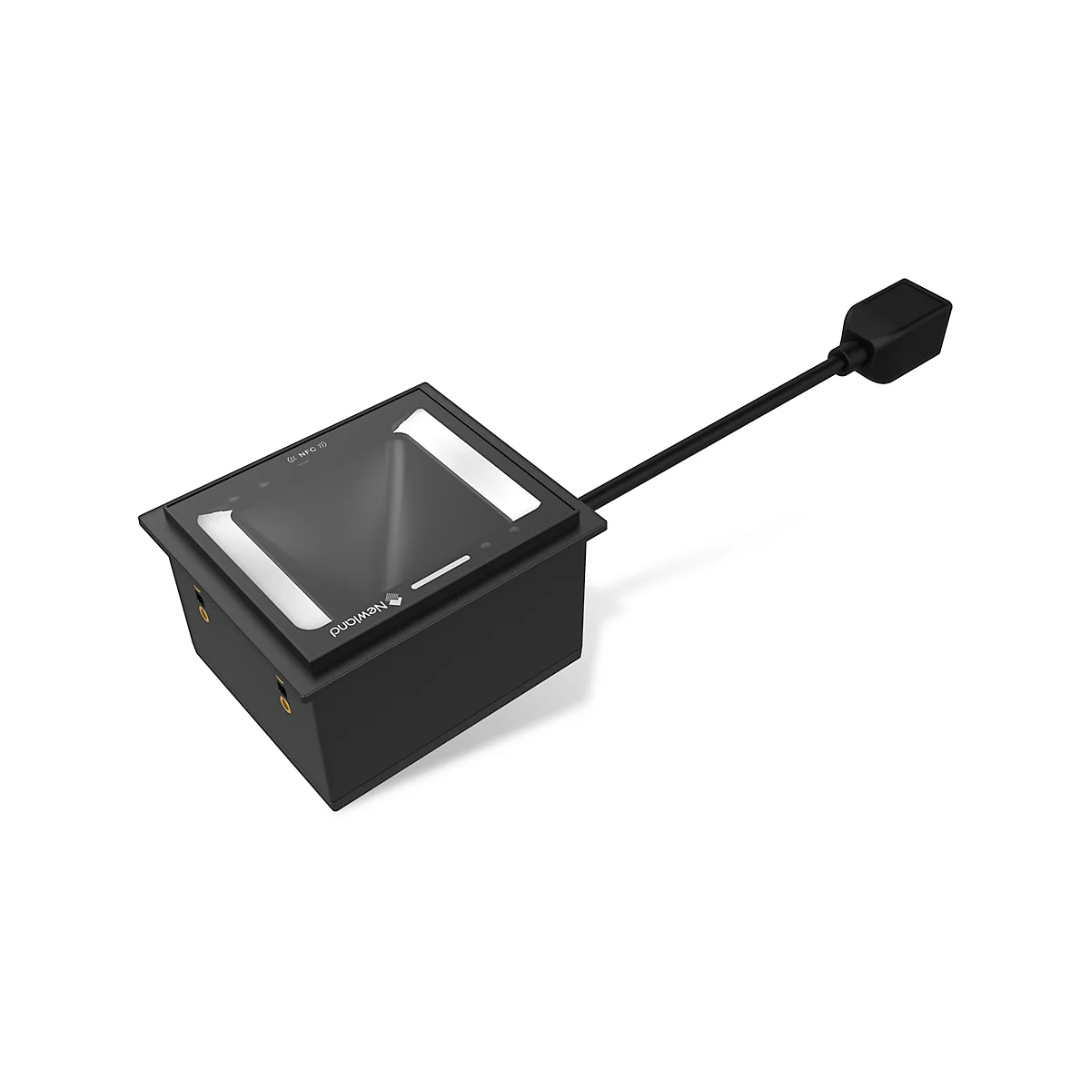 Ein schwarzer Barcode-Scanner mit Kabel. Oben ist eine Glasfläche mit zwei weißen Leuchten. Der Stecker ist eckig.