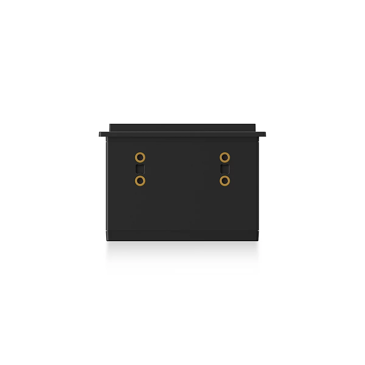 Schwarze Batterie mit zwei goldenen Anschlusslöchern. Oben und unten sind schmale Leisten angebracht.