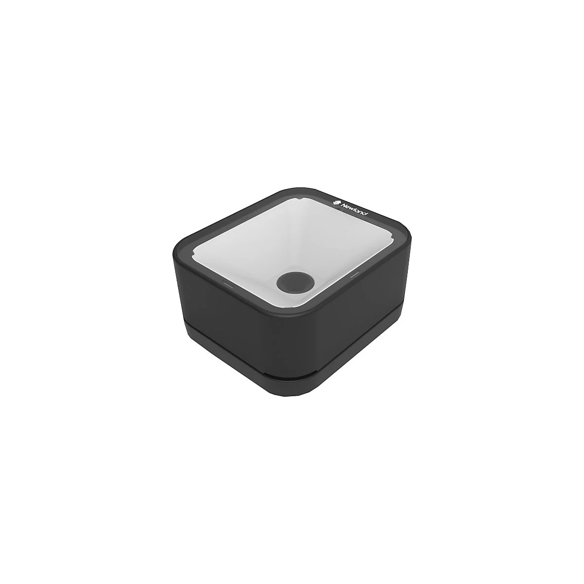 Scanner de codes-barres noir avec intérieur blanc. Le logo Newland est visible en haut à gauche.