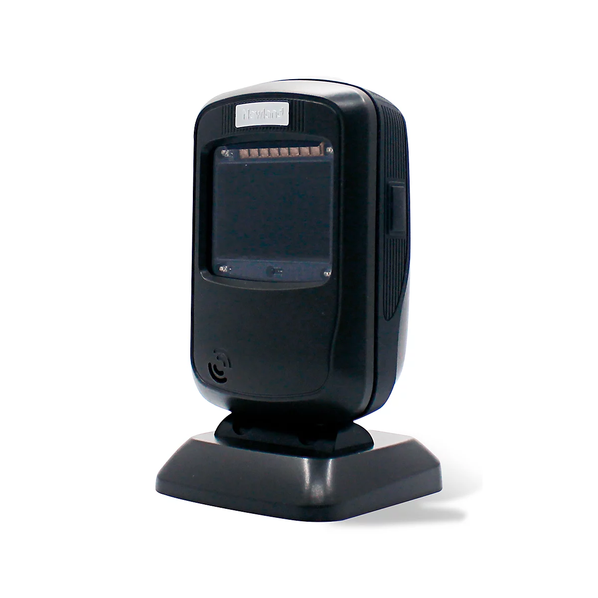 Black barcode scanner on base, with scan window and company logo. View from a slightly elevated perspective.