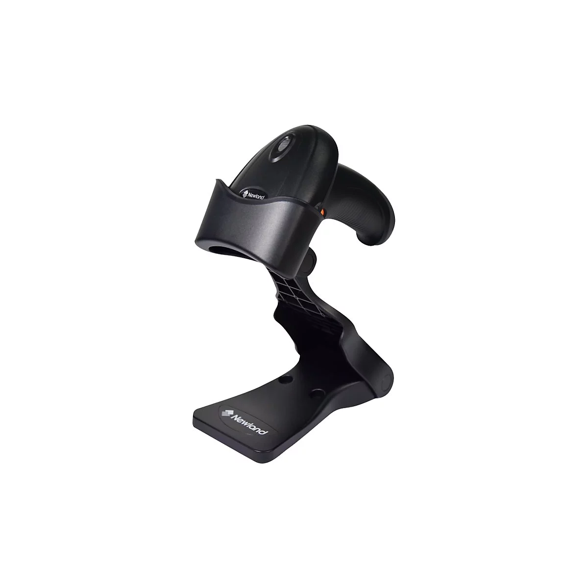 Schwarzer Barcode-Scanner mit Halterung. Auf Scanner und Halterung ist der Schriftzug 'Newland' zu lesen.