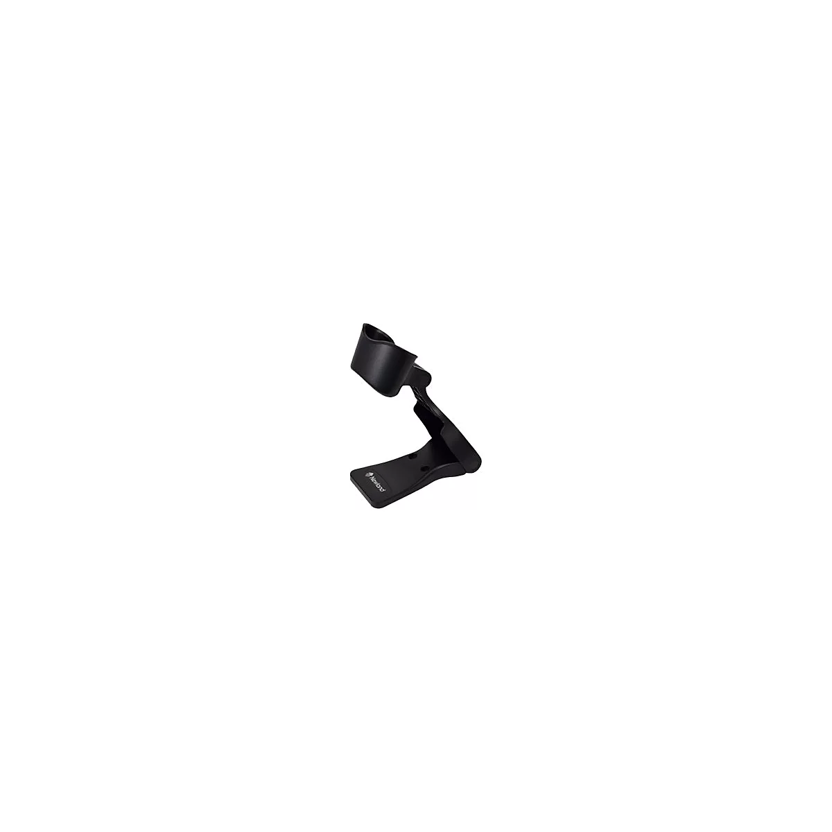Schwarzer Barcode-Scanner-Halter mit Basis, Winkel und Halterung, vor weiÃŸem Hintergrund.