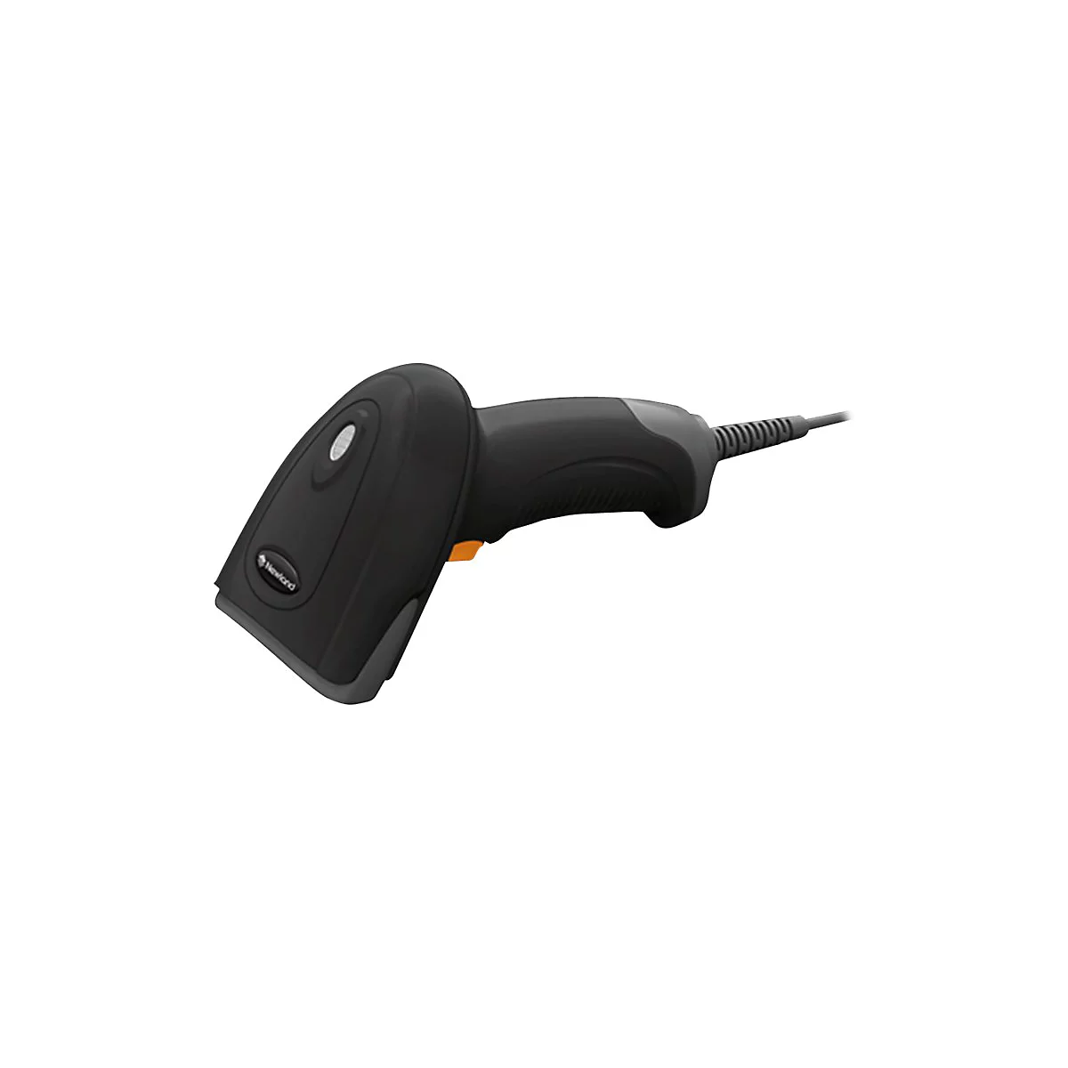 Ein schwarzer Barcode-Scanner mit gelbem Knopf und Kabel. Auf dem Scanner ist ein Logo zu sehen.