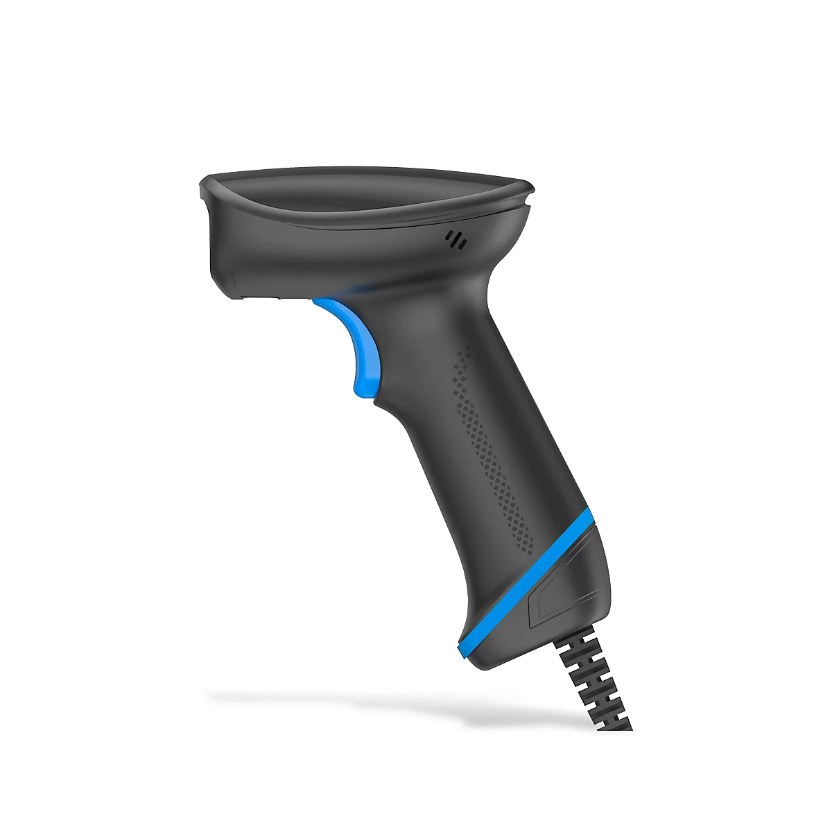 Schwarzer Barcode-Scanner mit blauem Auslöser und Akzenten. Der Scanner hat eine ergonomische Form.