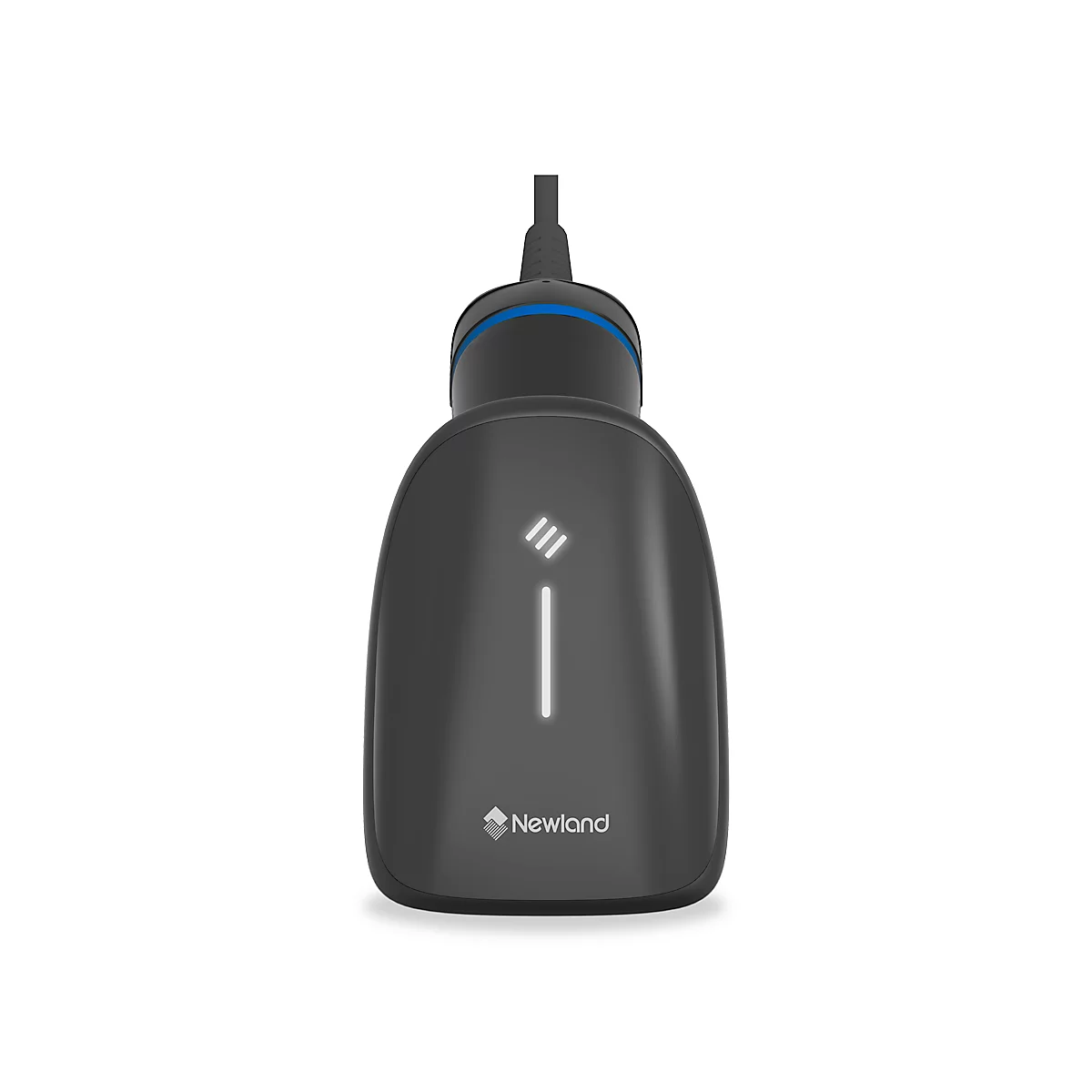 Dunkelgrauer Barcode-Scanner, blau abgesetzt, Logo: Newland.