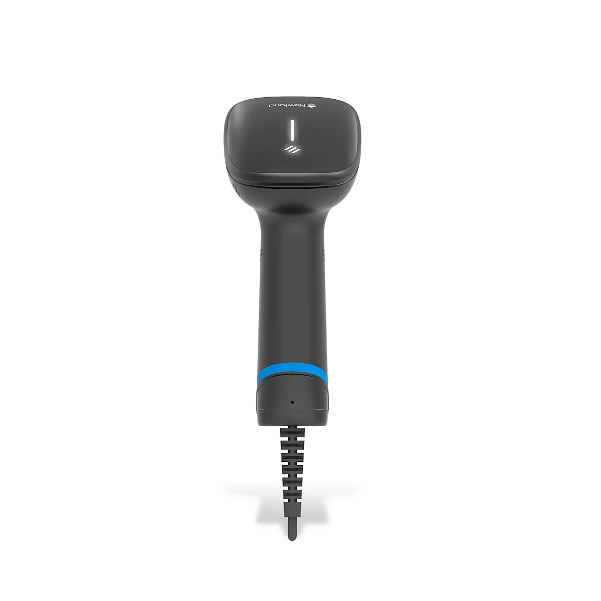 Dunkler Handheld-Barcode-Scanner mit blauen Akzenten und Kabel. Oben Logo.