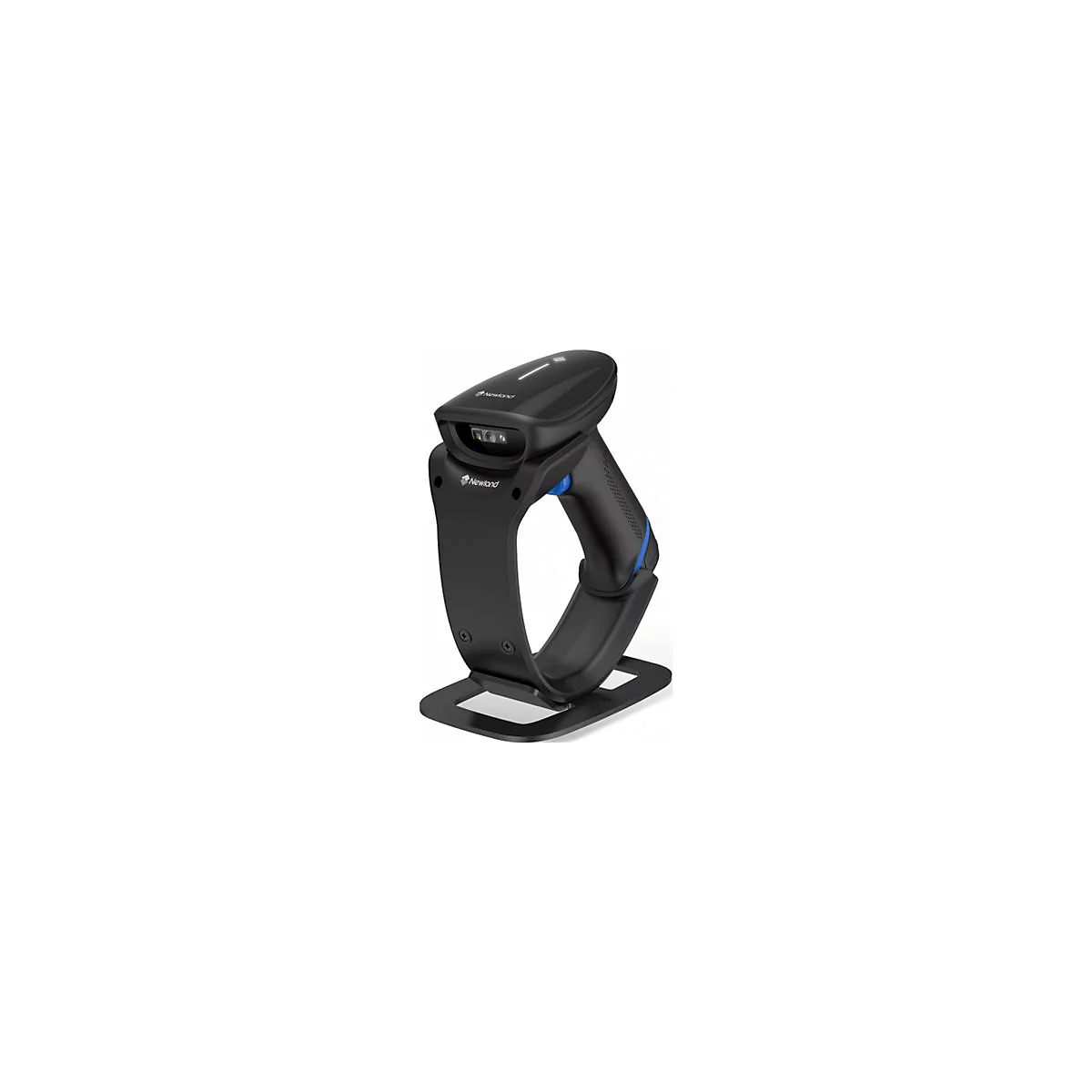 Scanner de codes-barres noir avec des accents bleus dans un support. L'appareil porte l'inscription 'Newland'.