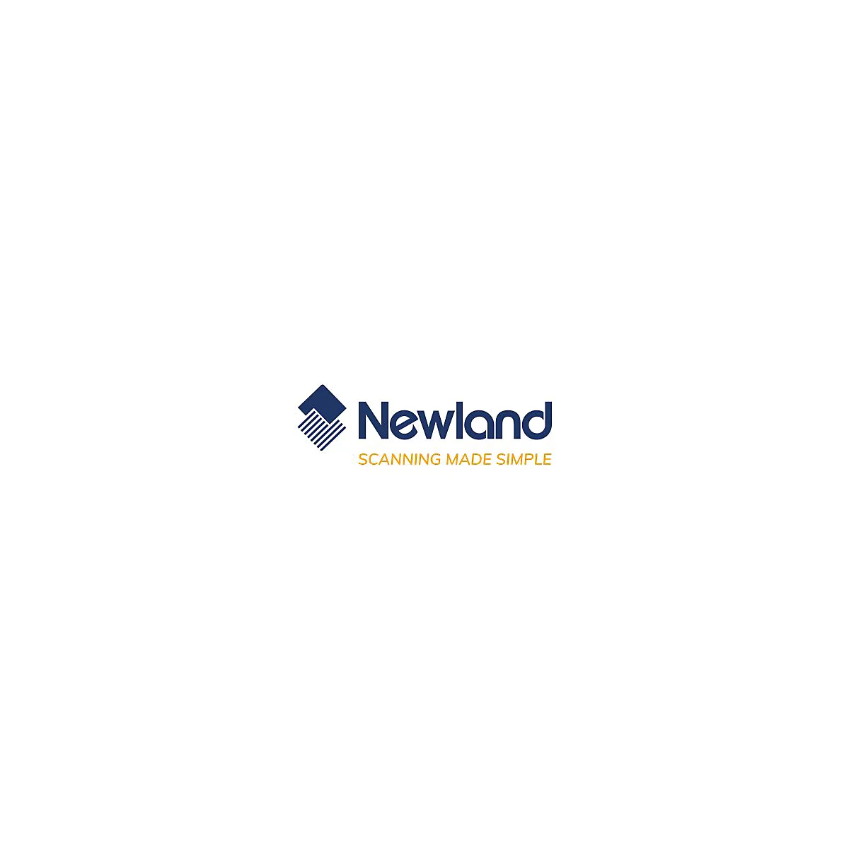 Firmenlogo von Newland mit dem Slogan SCANNING MADE SIMPLE in blauer und gelber Schrift.