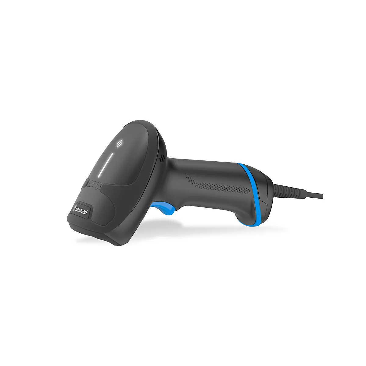 Schwarzer Barcode-Scanner mit blauem Akzent auf weißem Hintergrund.