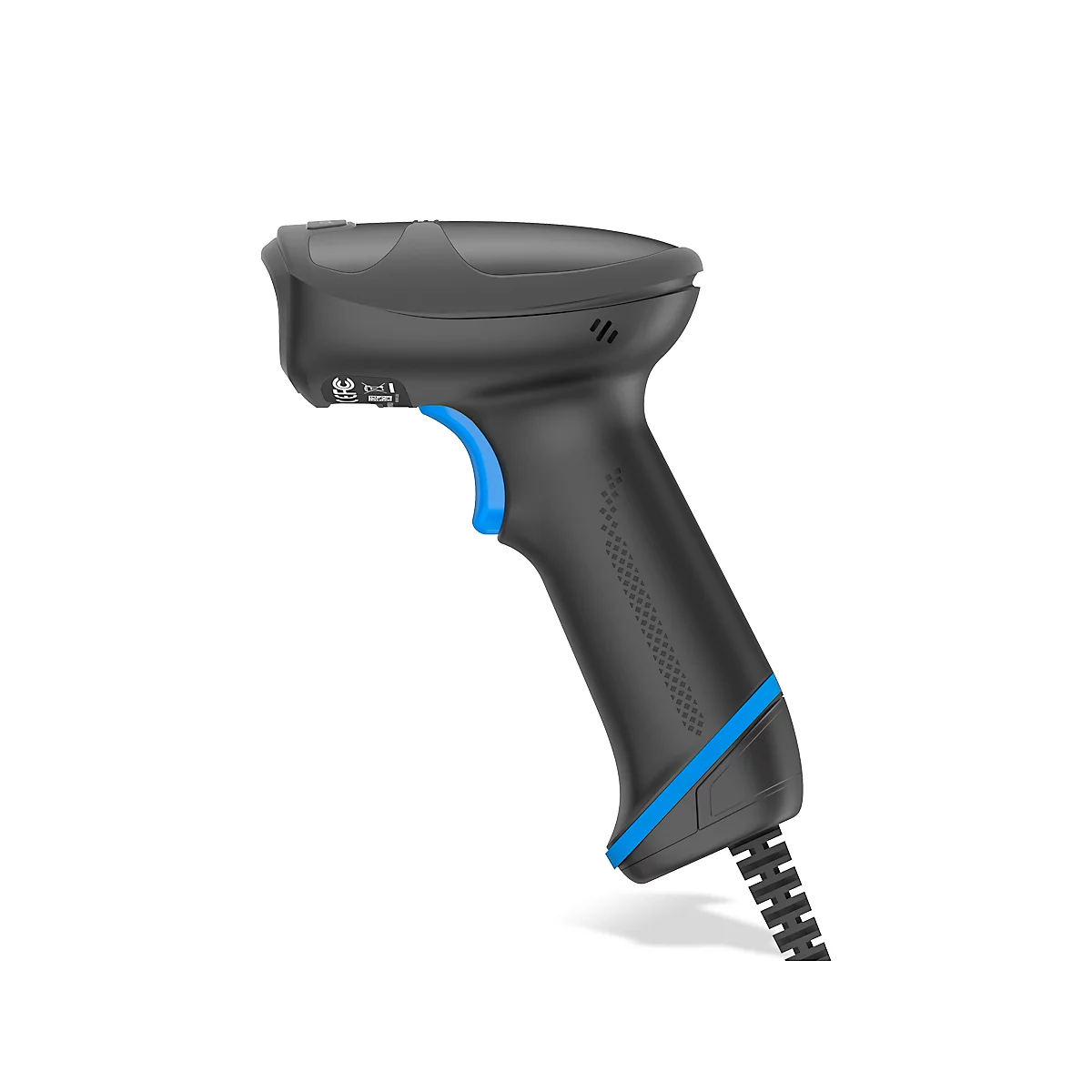 Schwarzer Barcode-Scanner mit blauem Auslöser und blauem Streifen. Ein Anschlusskabel hängt ab.