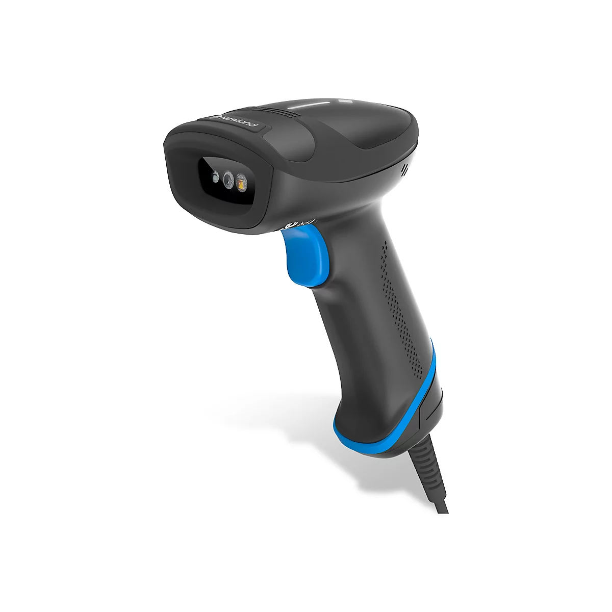 Schwarzer Barcode-Scanner mit blauem Knopf und Details. Das Gerät ist mit einem Kabel verbunden.