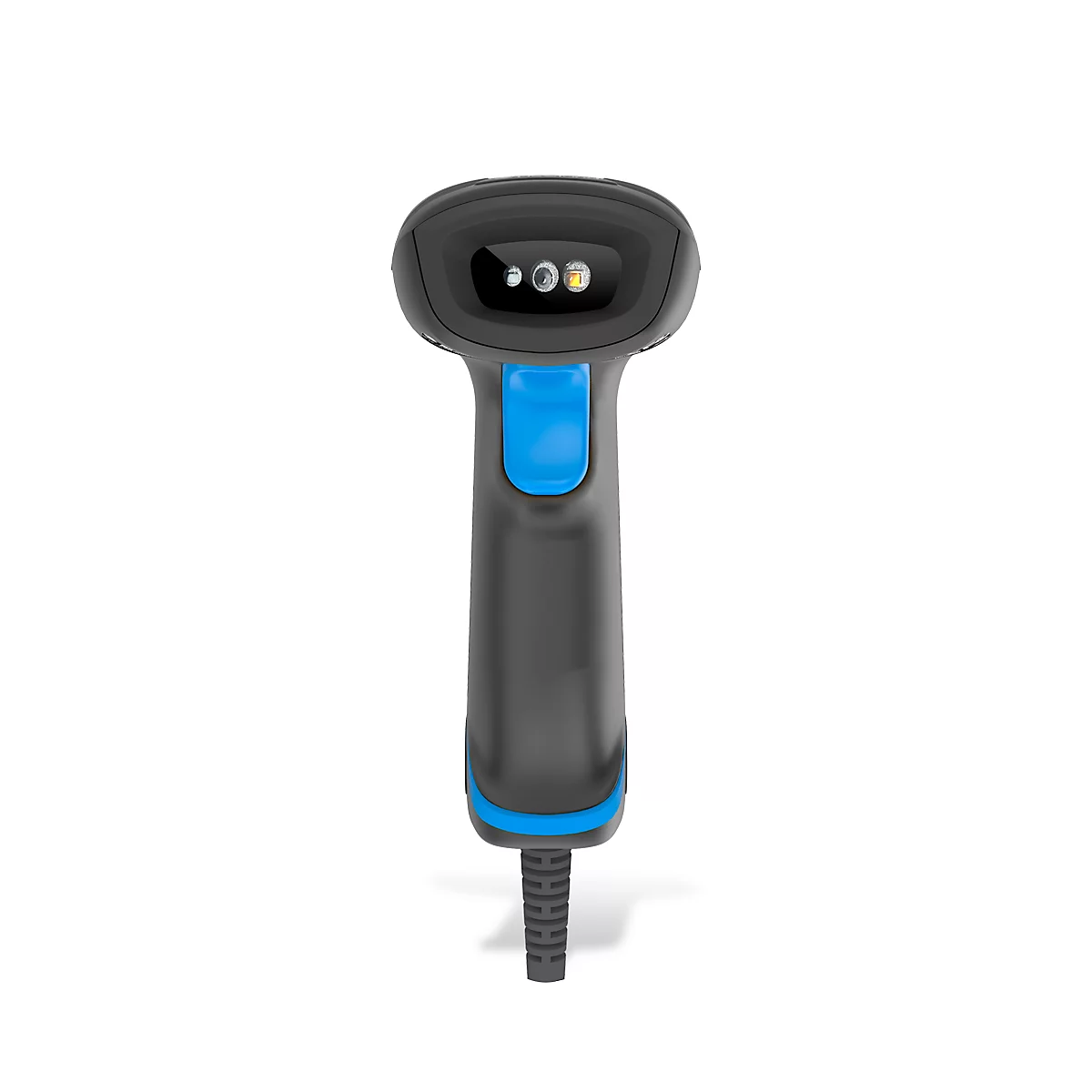 Scanner de code-barres noir avec une gâchette et des accents bleus. Il est placé sur un fond blanc.