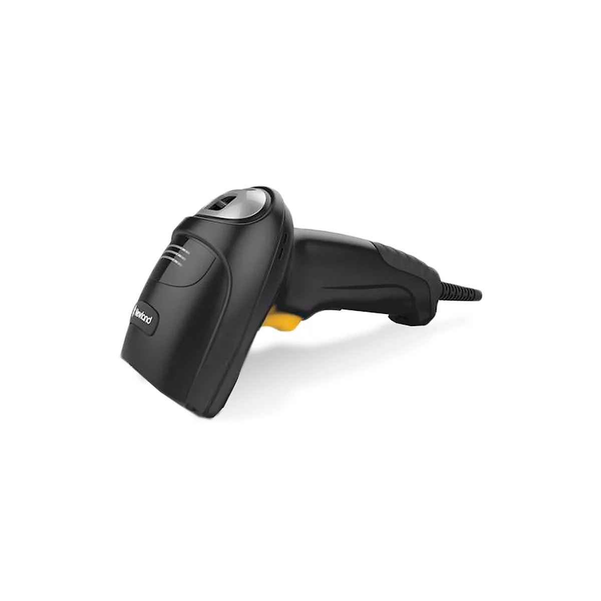 Schwarzer Barcodescanner mit gelbem Knopf und silberner Oberseite, auf weißem Grund.