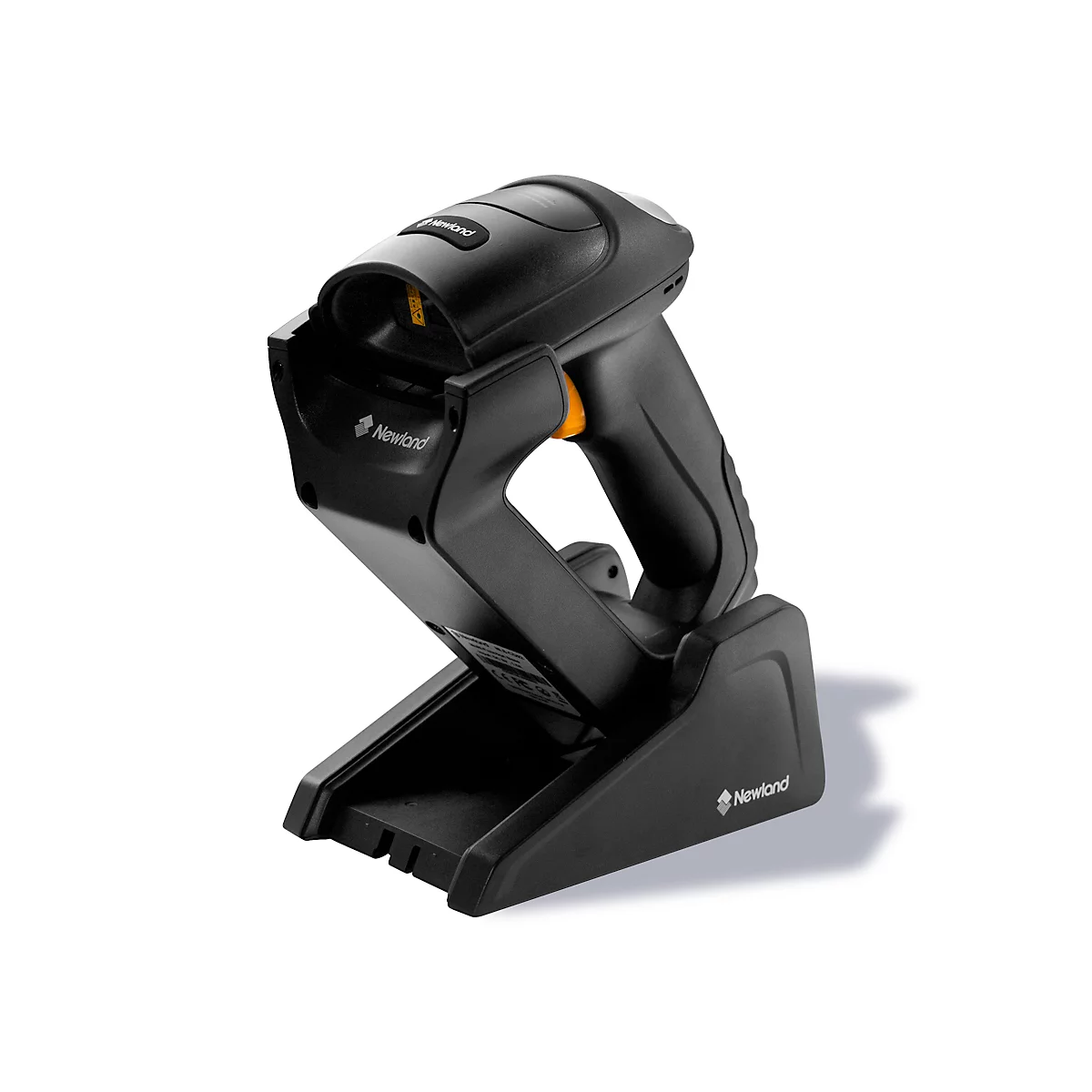 Schwarzer Barcode-Scanner in Halterung. Der Scanner und die Halterung haben das Newland-Logo.