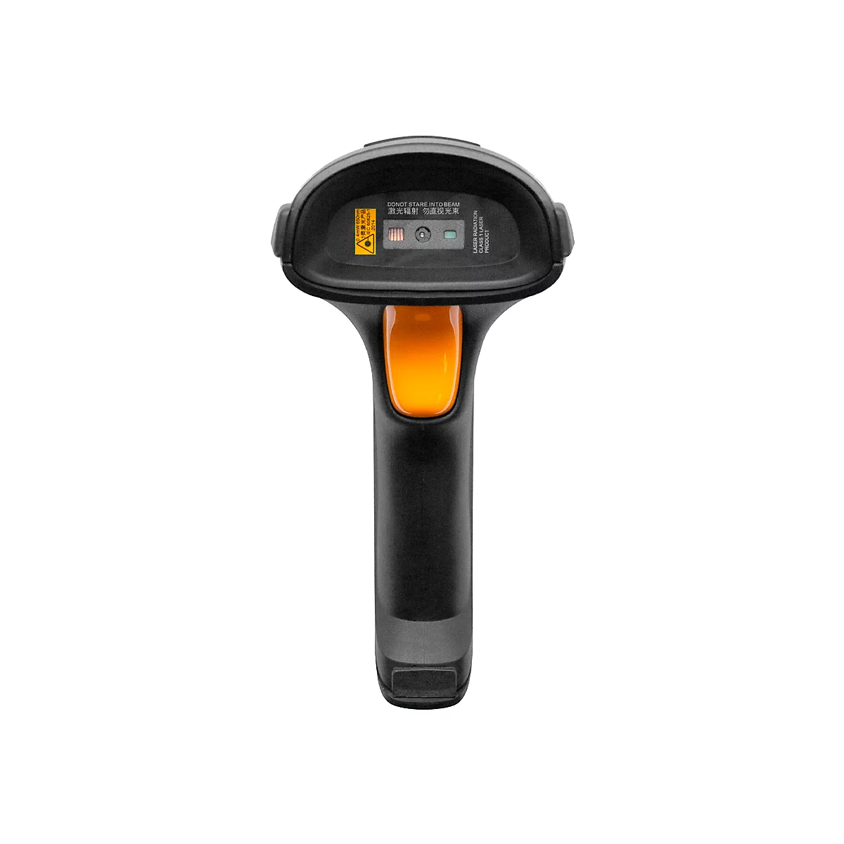 Ein schwarzer Barcode-Scanner mit gelben Akzenten in einer Halterung.