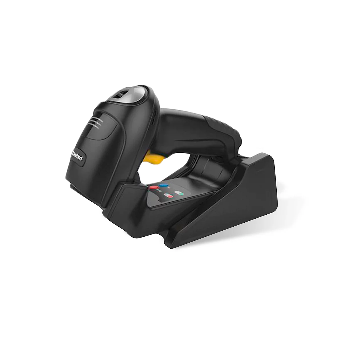 Scanner de codes-barres noir avec station de charge. Le scanner a des boutons rouges, bleus et verts.
