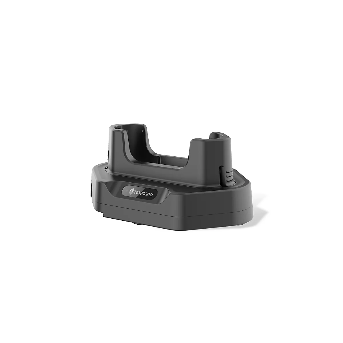 Black charging station for a scanner. The Newland logo is on the front. There are two brackets above the housing.