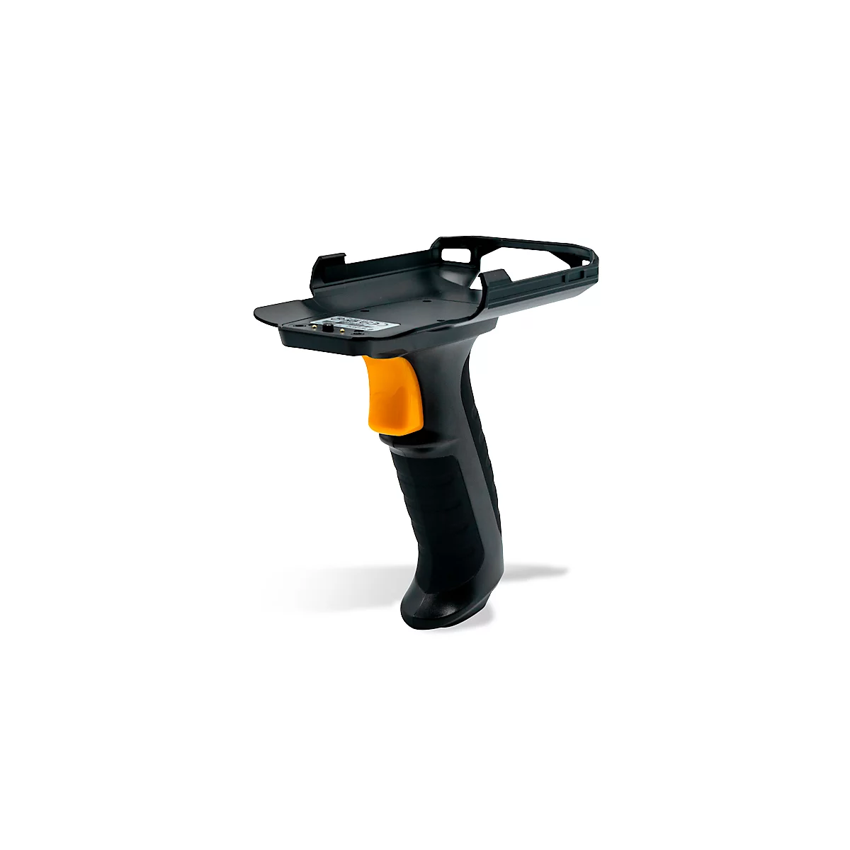 Handscanner in Schwarz mit gelbem Knopf. Obere Halterung mit Platz für ein mobiles Gerät.