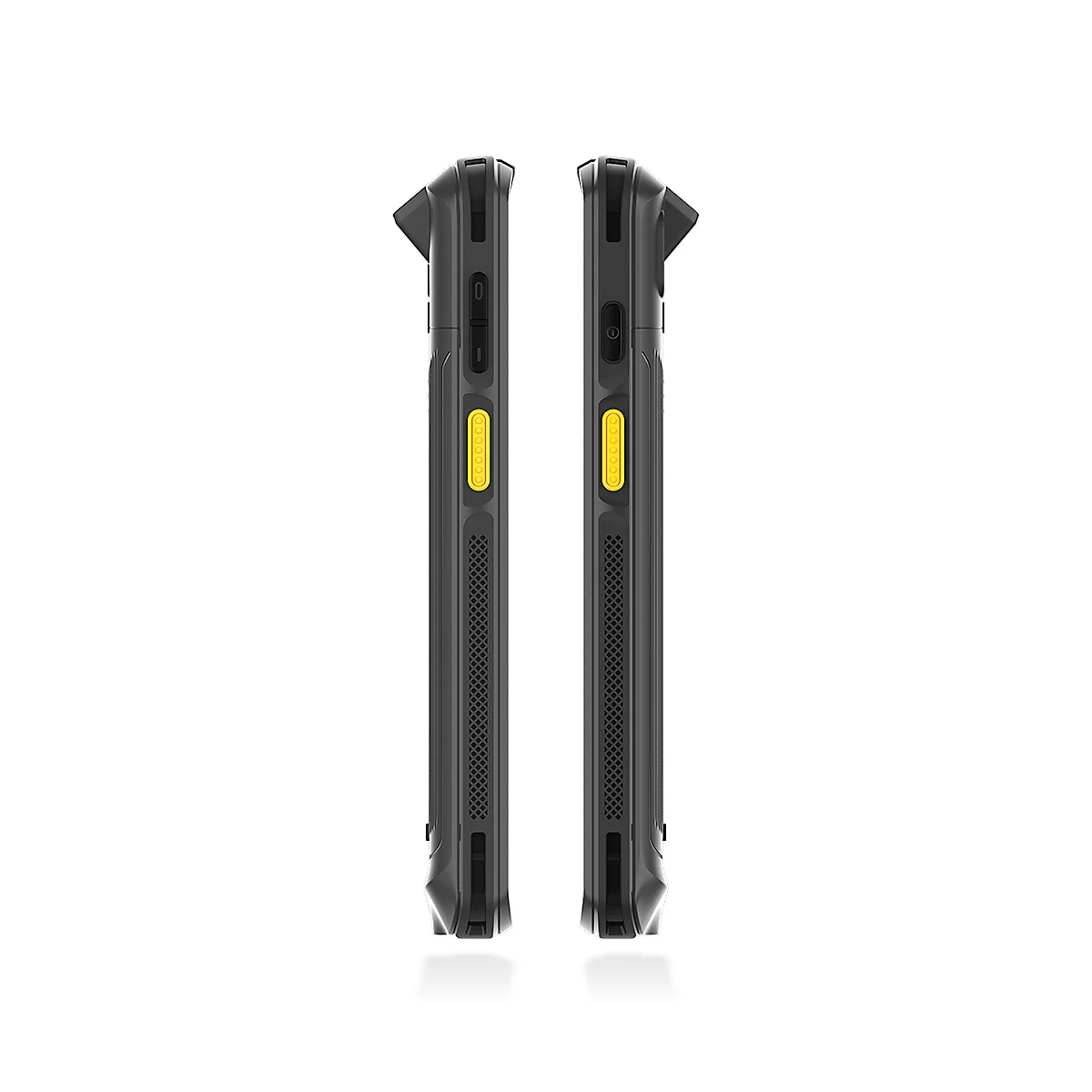 Vue arrière d'un smartphone robuste en anthracite avec des accents jaunes. Un scanner et une caméra sont visibles.