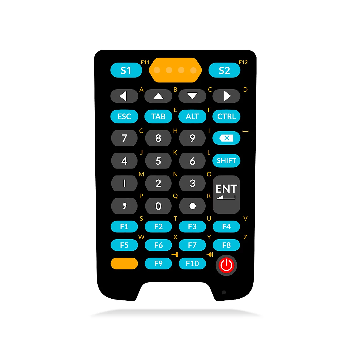Schwarze Tastatur mit blauen und orangen Tasten und weißen Buchstaben. Enthält: Buchstaben, Zahlen, Funktionstasten, Pfeiltasten und Power-Taste.