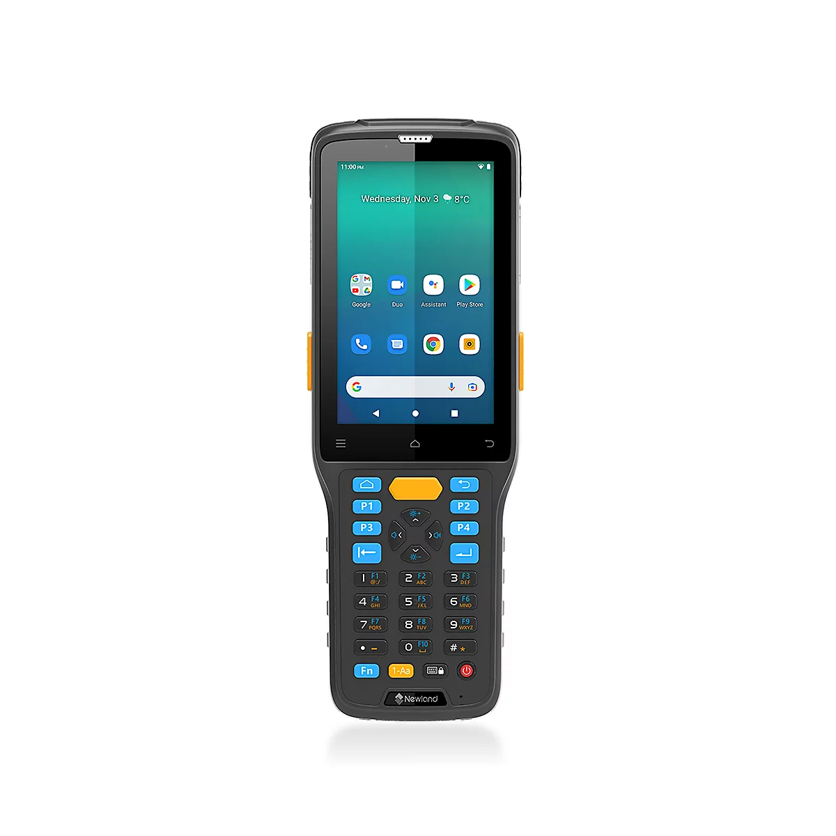 Ein robustes, schwarzes Mobilgerät, das auf weißem Hintergrund steht. Es hat einen Bildschirm mit Apps und eine Tastatur mit Ziffern und Funktionstasten.