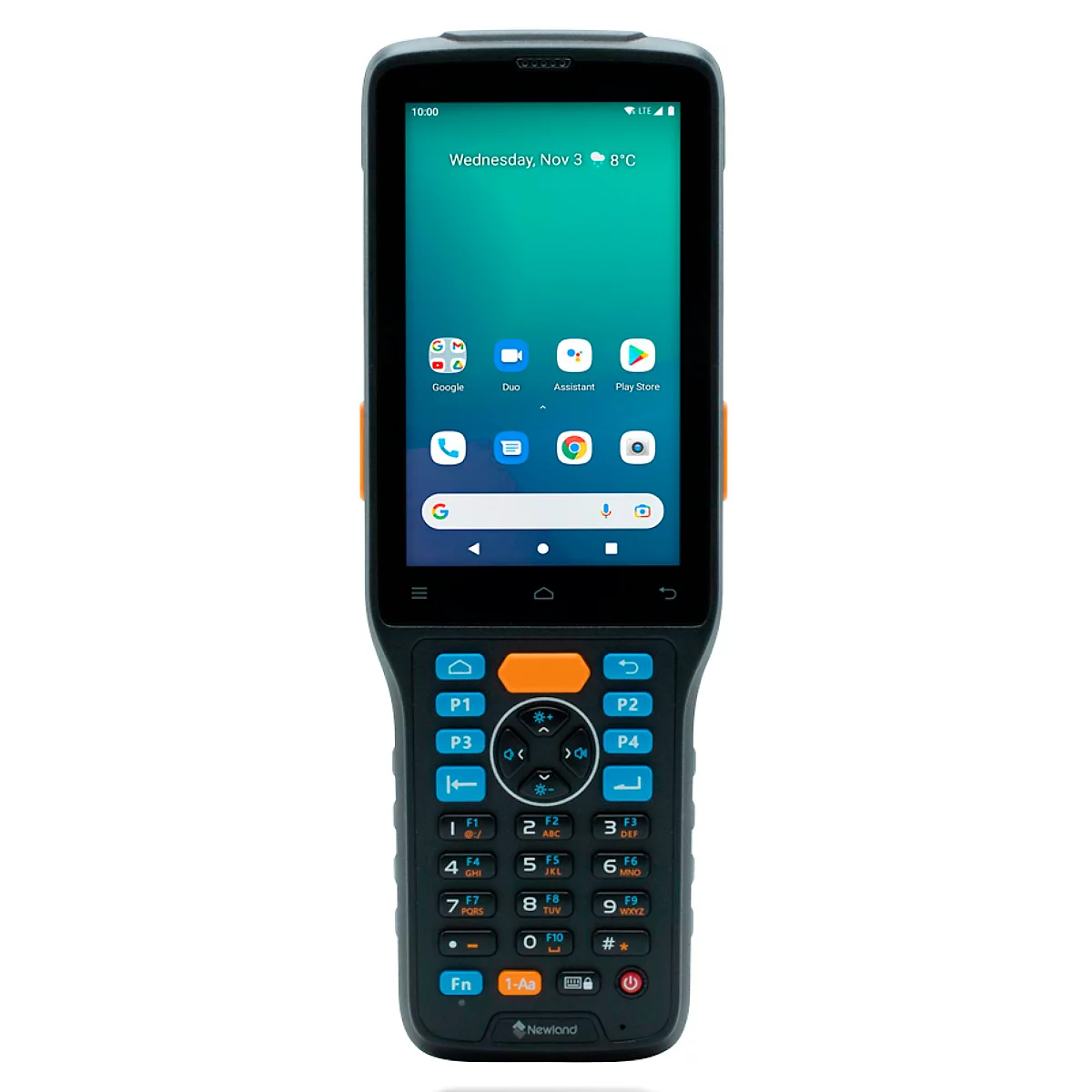 Schwarz-graues Smartphone mit orangefarbenen Akzenten, Bildschirm mit App-Symbolen. Unter dem Bildschirm befindet sich eine Tastatur mit Zahlen und Sondertasten.