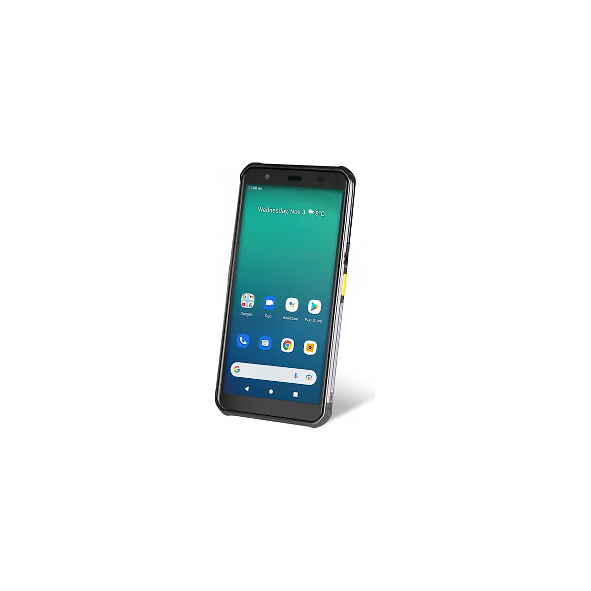 Schwarzes Smartphone mit grÃ¼nem Bildschirm, Apps und Datum/Uhrzeit.